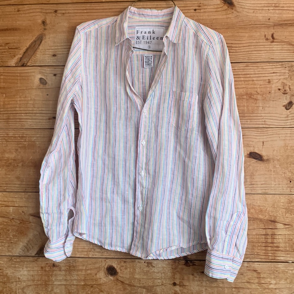 Frank & Eileen 100% linen multi color striped button up top